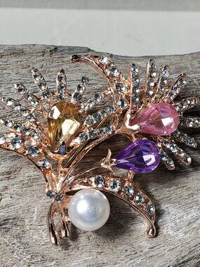 New Pastel Rhinestone Floral Brooch Pink Purple Amber Faux Pearl